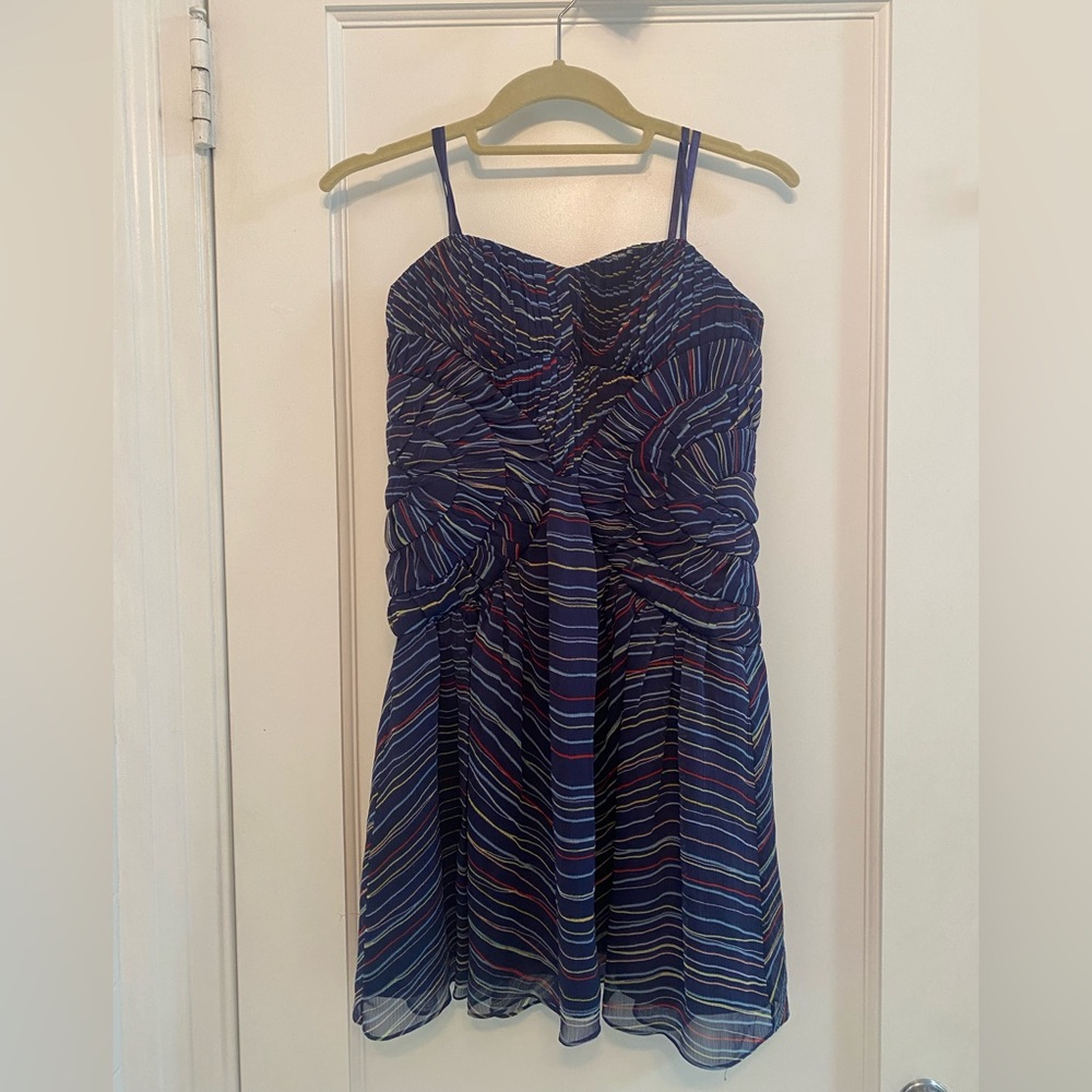 BCBG Strapless Corset Dress with Multicolor Stripes and Diaphanous Draping - Picture 6 of 12
